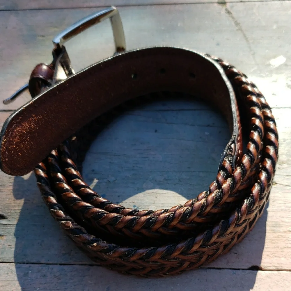 Men's Brown Leather Braided Belt Sz 38 CJE